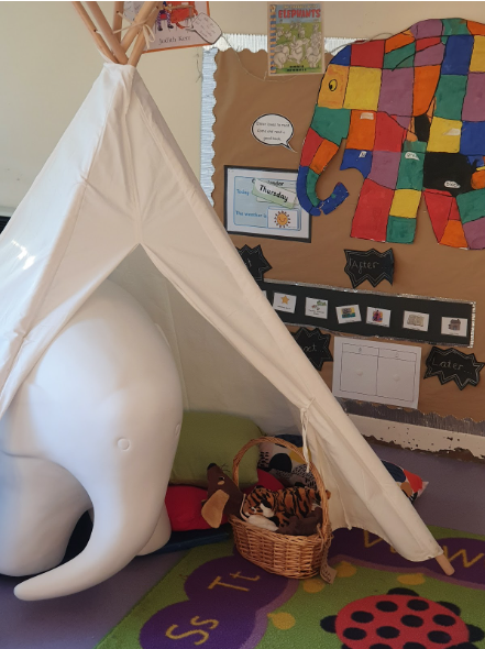 Lavender the elephant in a teepee