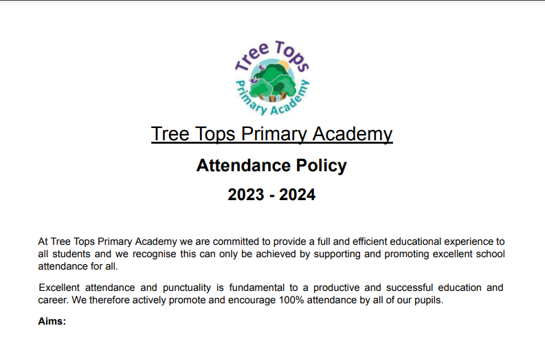 Screenshot of the Tree Tops Primary Academy Attendance Policy 2023-24.